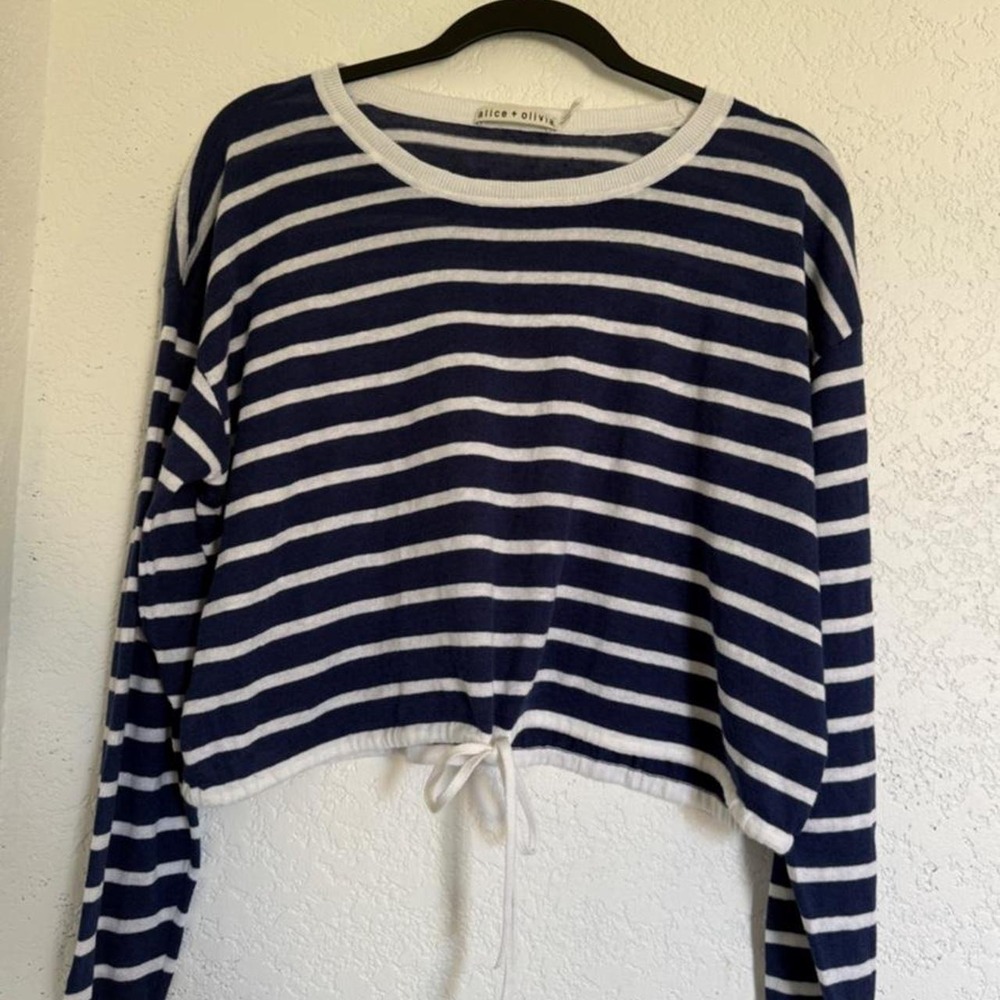 Alice & Olivia Bernetta Cropped DrawstringSweater Navy White Stripe Linen Cotton